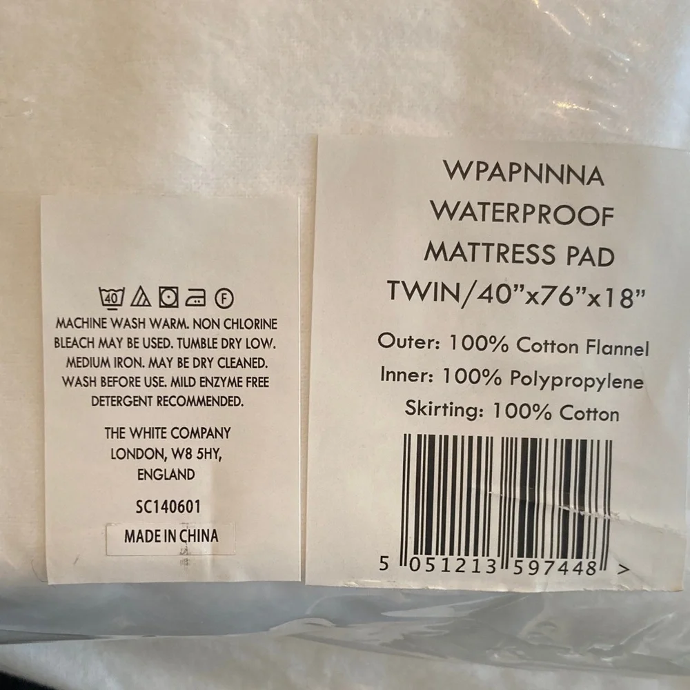 The White Company Luxurious White TWIN Cotton Flannel Mattress Cover